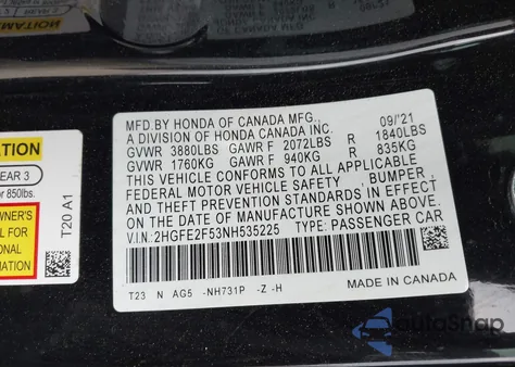 2022 Honda Civic Sport из США, поврежденный, VIN 2HGFE2F53NH535225